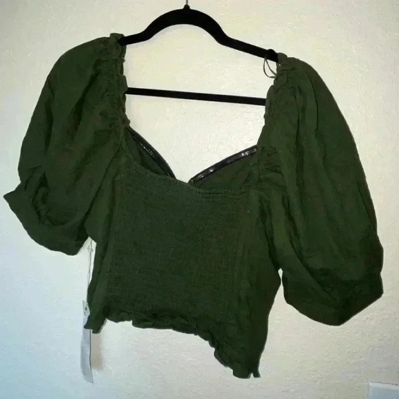 NWT Happy X Nature Dark Green Linen On/Off Shoulder cropped top SIZE XXL - Picture 4 of 8